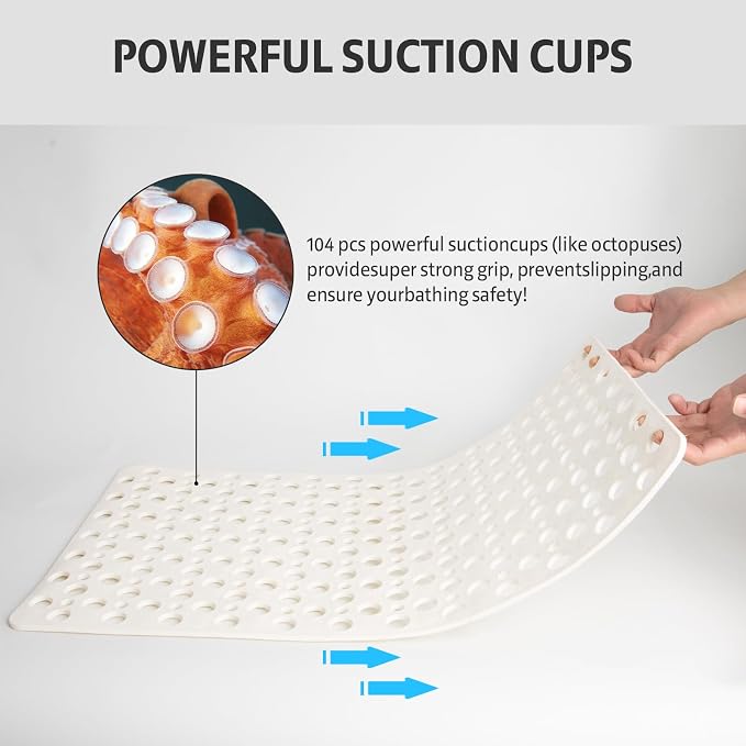 Shower Mat Non Slip Bath Mat for Tub - 28" x 15" Soft TPE Bathtub Mat Non Slip Shower Mats for Inside Shower, Anti Slip Shower Mat with Suction Cups, Quick-Drying Bath Tub Mat, White