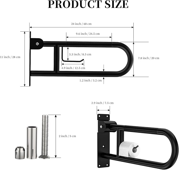Toilet Grab Bar 24 Inch, YuanDe Flip Up Grab Bar with Paper Holder | Matte Black Anti-Slip Safety Bars for Toilet, Stainless Steel Knurled Toilet Handles for Seniors Disabled Elderly Pregnant