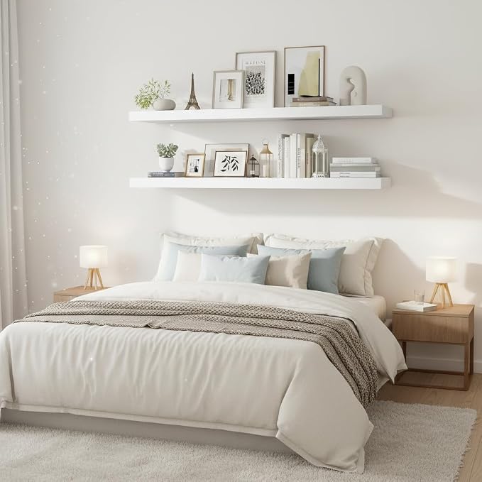 Vivelove Deep Floating Shelves 55x12” Set of 2, White | Easy Install With Hardware, 2" Thick, Invisible Brackets, Wall Mounted, No Sagging, For Any Room