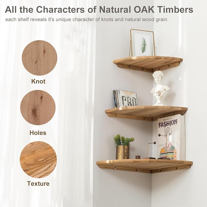 Corner Shelf, Solid Oak Wood Floating Corner Shelves Wall Mount Round End with Wire Hole for Small Plant Photo Frame for Bedroom Kitchen, Living Room