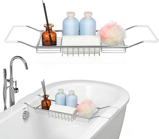 Sewroro Bathtub Tray, Adjustable Stainless Steel Bath Caddy Organizer for Phone, Tablet, Book and Bath Essentials, Over Tub Storage Rack, Silver, 25. 19 x 7. 87 x 2. 75 in