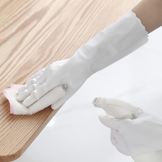 Bamllum Kitchen Cleaning Gloves, Latex-Free, Cotton Flocked Liner, Small | 3 Pairs of Reusable Dishwashing Gloves with a Textured Non-Slip Grip, in Pink, White and Blue