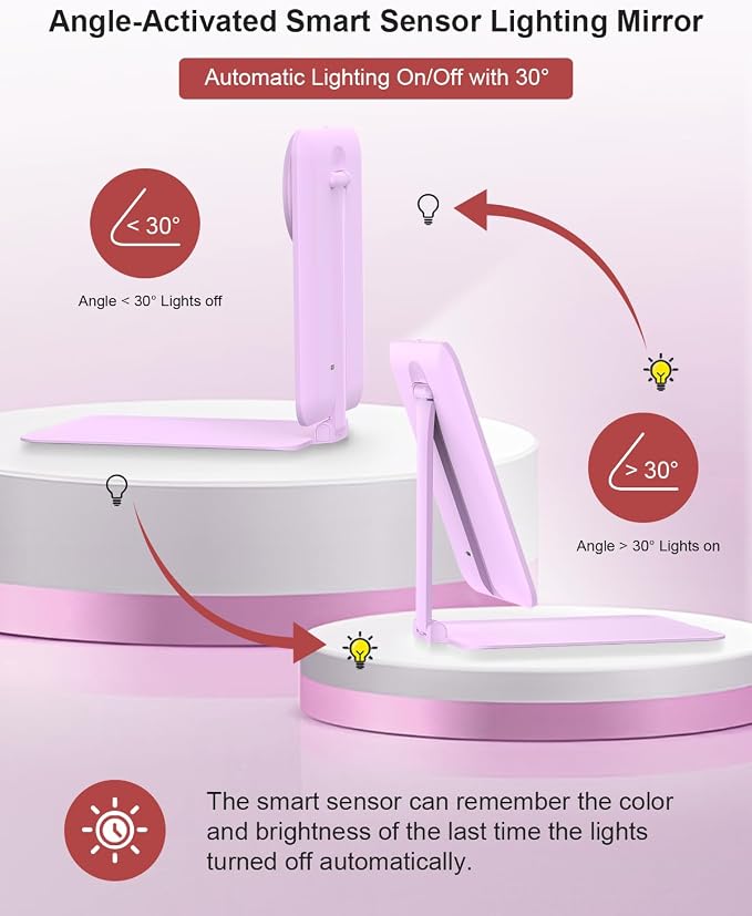 Gospire Travel Makeup Mirror with Lights and Magnification 10X, Purple | Portable Make Up Compact Tabletop Cosmetic, Adjustable Stand, 3 Color Dimmable Lights, Rechargeable Lighted LED Vanity Mirror