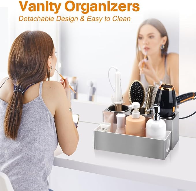 GFWARE Hot Hair Styling Tool Organizer with 3 Stainless Steel Cups, Silver | Bathroom Vanity Organizer Storage, Hair Accessories Tools Organizer Hair Dryer, Blow Dryer, Curling Iron, Flat Iron