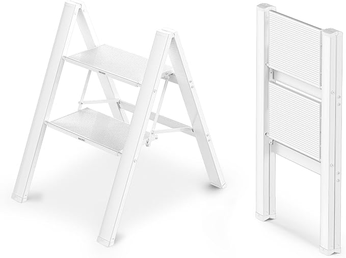 2 Step Foldable Step Stool, 300lbs Load, White | Folded 27''H x 2''T; Net 6.6 lbs; Non-Slip Feet: Wood/Tile/Carpet; Rigid Aluminum Steps; No Assembly; Ready From Box.