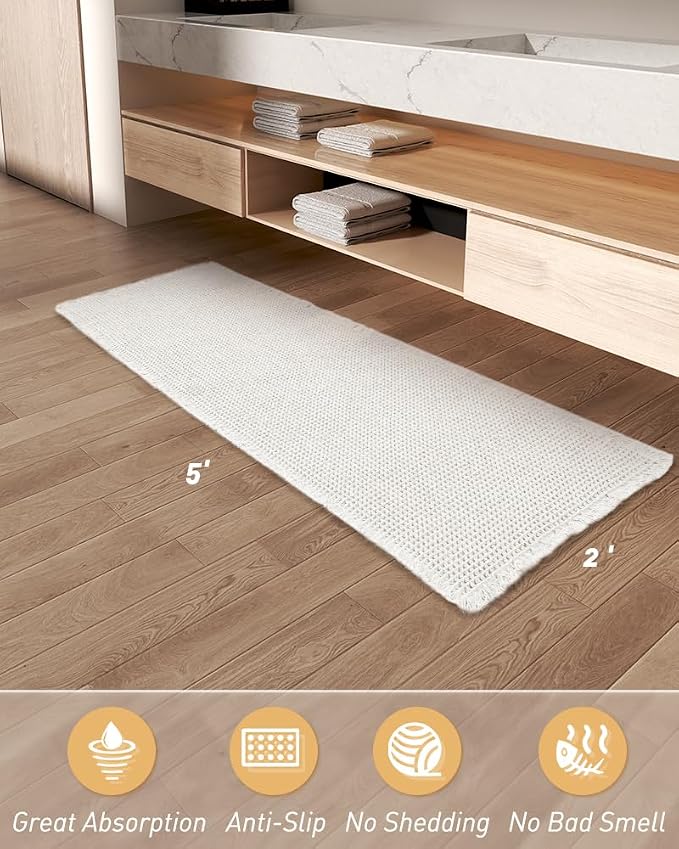 AMOAMI Waffle Runner Rug Super Absorbent Non Slip Bath Mats for Bathroom Floor, Machine Washable Boho Bathroom Runner Rug with Tassels, Ideal for Hallway Bedroom Laundry Room, 2' x 5'