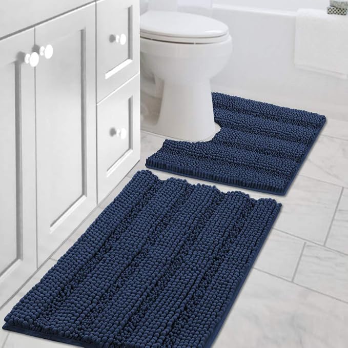 H.VERSAILTEX Bathroom Rugs Bath Rug Set 2 Piece Bathroom Contour Rug Toilet Mat Sets Non Slip Contour Bath Rug Ultra Thick Water Absorbent Striped Bath Mats Washable(20" x 32" Plus 20" x 20" U, Navy)