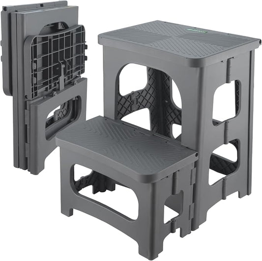 Folding 2-Step Stool for Adults Kids Non-Slip Collapsible Portable Step Stool for Kitchen Home Toilet Bedroom Office Bathroom Rv,Holds 300 Lbs(Grey)