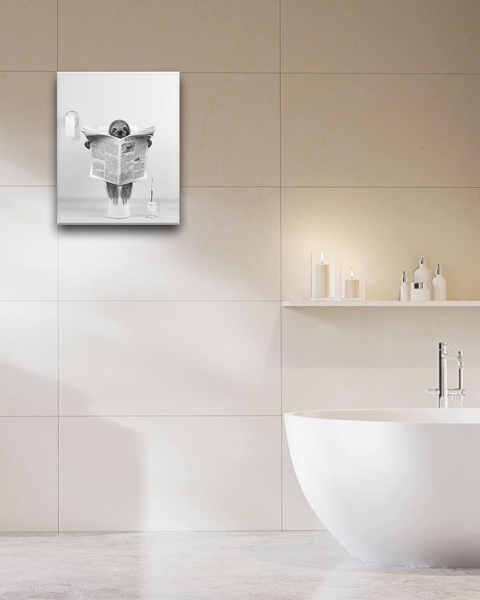 UPWOIGH Funny Sloth Bathroom Wall Art, 12 x 16 Inch Wrapped Canvas | Black and White Newspaper Scene, Playful Animal Humor for Guest Bath, Powder Room, Restroom or Small Wall Space