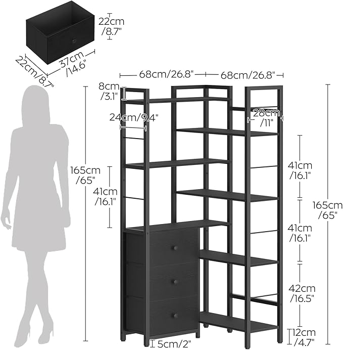 Corner Bookshelf, 7 Tier L-Shaped Bookcase with 3 Drawers, Storage Corner Shelf, Freestanding Tall Display Shelf, Industrial Style, for Living Room, Home Office, Black SJ10BB