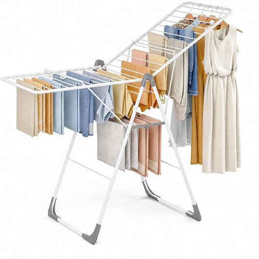 Clothes Drying Rack, Large Capacity Drying Rack Clothing | Foldable Space-Saving Laundry Rack with Height-Adjustable, Indoors & Outdoors Use, 20.47"D x 70"W x 42.52"H Pearl White