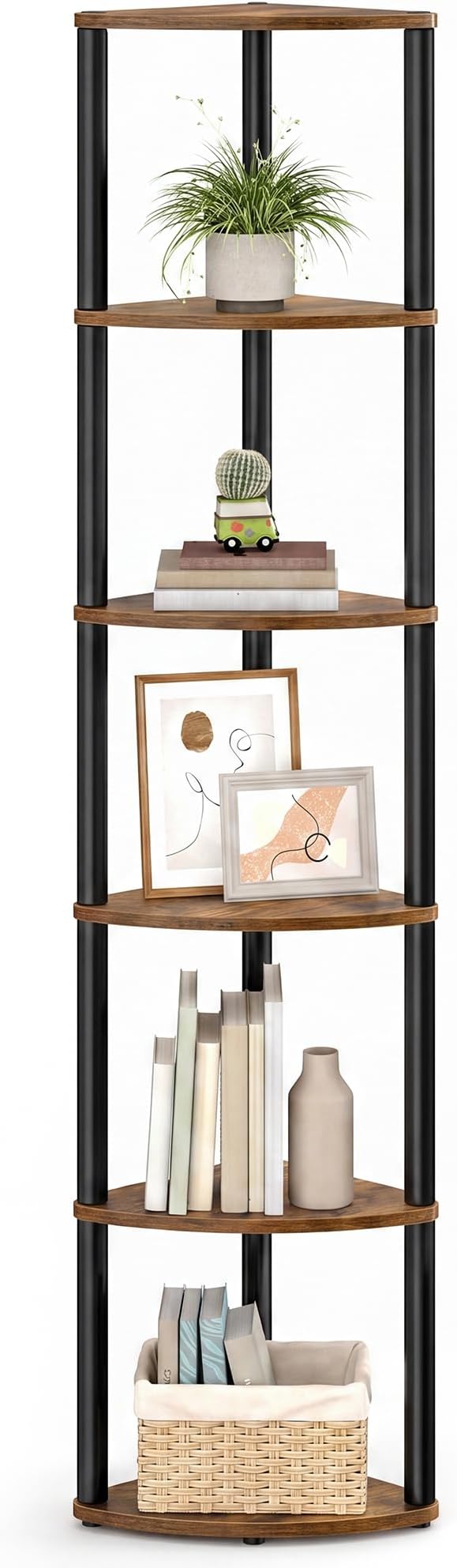 VASAGLE Corner Shelf, Superfast Toolless Assembly, 6-Tier Corner Standing Shelf, Corner Shelf Stand, Living Room, Bedroom, Kitchen, 15.1 x 10.6 x 68.3 Inches, Rustic Brown ULBC660KD02