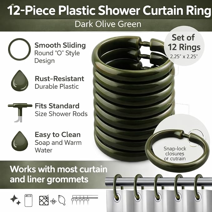 12 Piece Plastic Basic Locking Round Hook Easy Gliding Shower Curtain Rings Fits All Standard Size Shower Rods (Dark Olive Green)
