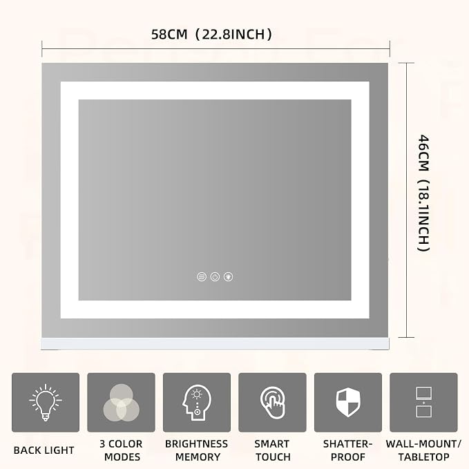 FENCHILIN Vanity Mirror with Lights, 22" x 19" Backlit + Front Lit Hollywood Makeup Mirror LED Strip with 3 Colors Modes Smart Touch for Dressing Room & Bedroom White
