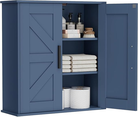 Homleke Bathroom Wall Cabinet, Medicine Cabinet with Adjustable Shelves | 3-Tier Wall Mounted Over Toilet Storage with Barn Doors, for Bathroom, Kitchen, Entryway, Laundry Room, Blue, (7.9" D)