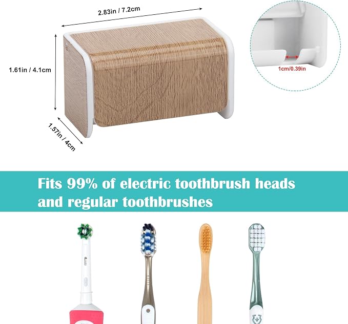 Toothbrush Holders Wall Mounted with Cover (1, Wood Grain) | Wall mounted, Detachable, Easy to clean, Breathable, 2 Slots Self Adhesive Toothbrush Organizer for Bathroom