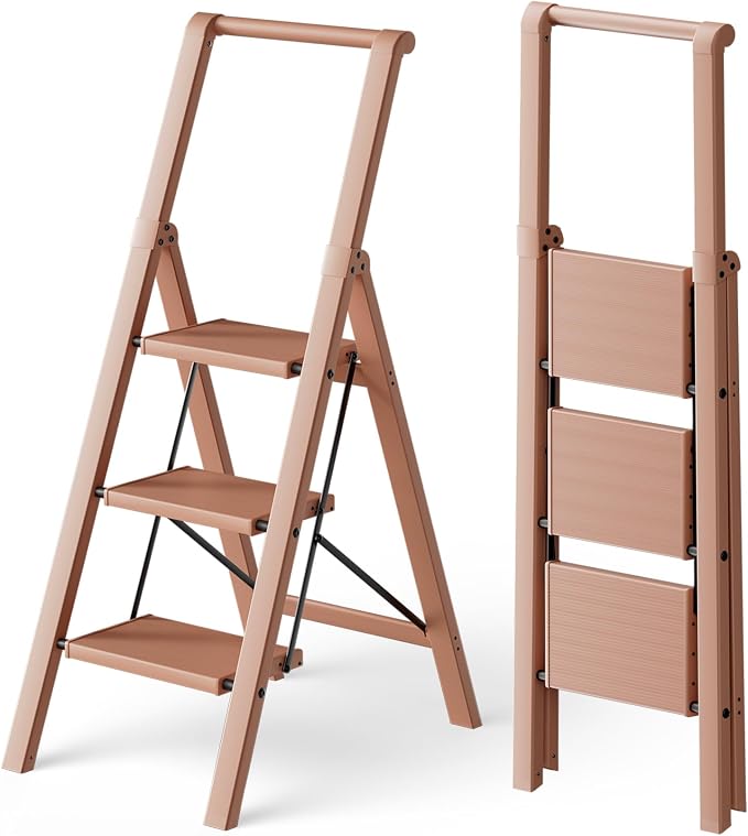 HillhutApex Aluminum 3 Step Ladder, Step Stool Foldable Ladder(Pale Pink) | Stepladder with Handgrip,Anti-Slip Pedals,330lbs Capacity,Lightweight Portable Folding Ladder for Home,Office,Libaray