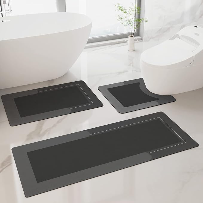 HelloTree 3PCS Bath Mat Rug Rubber Non Slip Quick Dry Rug Sets | Super Absorbent Thin Bathroom Rugs Fit Under Door Dark Grey Washable Floor Mats for in Front of Bathtub, Shower Room, Sink