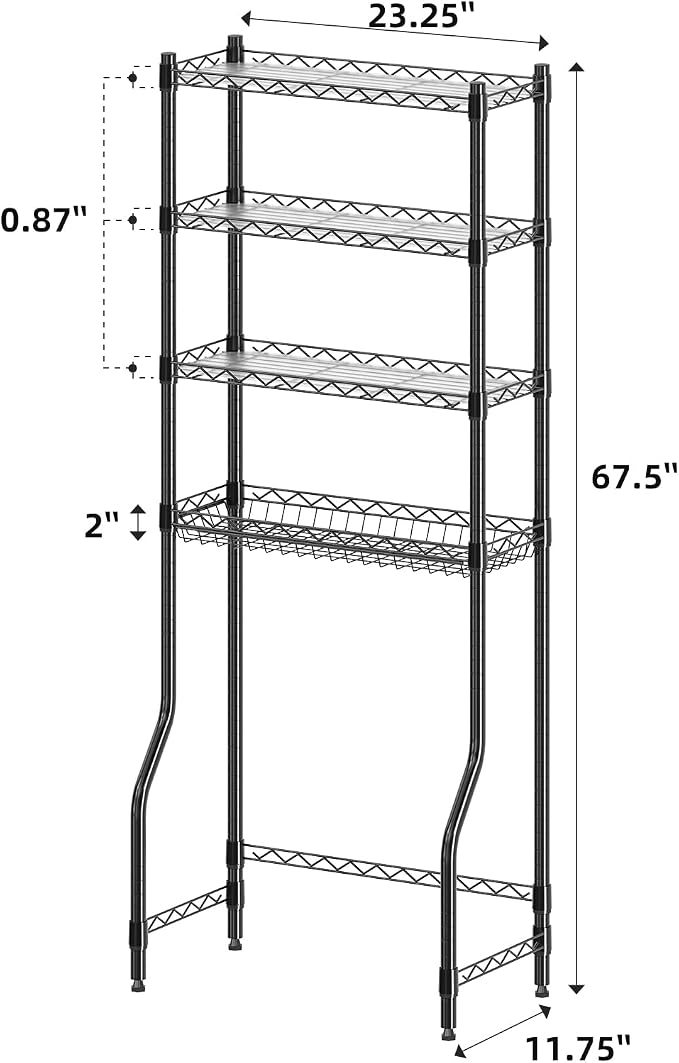 Simple Trending 4 Tier Over The Toilet Storage Rack, Bathroom Organizers and Storage Over Toilet with Adjustable Shelf and Basket, (Black)
