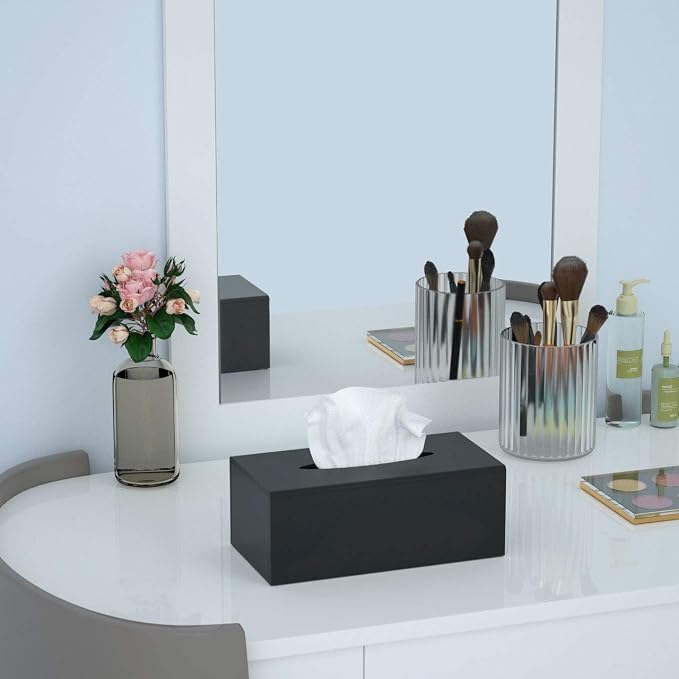 FEMELI Matte Black Long Tissue Boxs Covers Holder Rectangular Acrylic Home | Acrylic Black Matte Tissue Box Cover Modern Decorative Facial Paper Dispenser for Bathroom Bedroom Kitchen