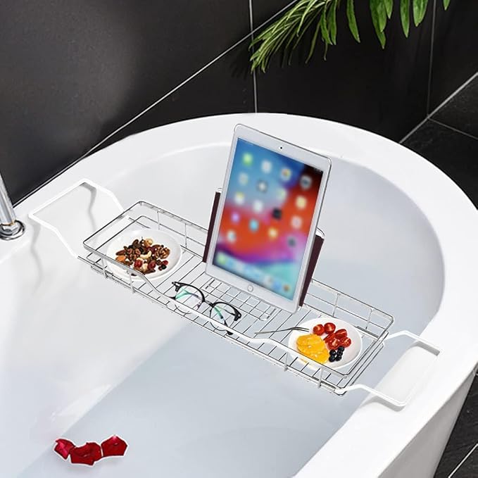 YQh Adjustable Tub Rack, 304 Stainless Steel Bathroom Tray, Multi-Function Tub Organizer with Adjustable Reading Rack, for Tablet or Cell Phone