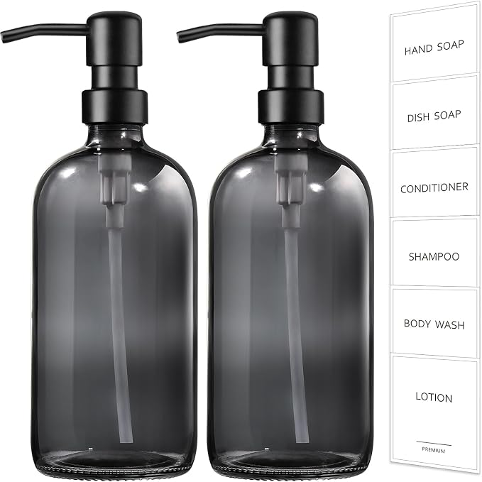 GMISUN Black Soap Dispenser, 2 Pack Hand Soap Dispensers for Bathroom, 17 Fl Oz Dish Soap Dispenser for Kitchen with Stainless Steel Pump, Modern Liquid Soap Bottle Set