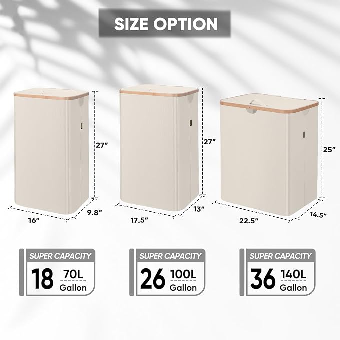 BALEINE Laundry Hamper with Lid, Tall Laundry Baskets with Bamboo Pull Handles, Large Laundry Bin with Internal Support (36 Gal/140L, Beige)