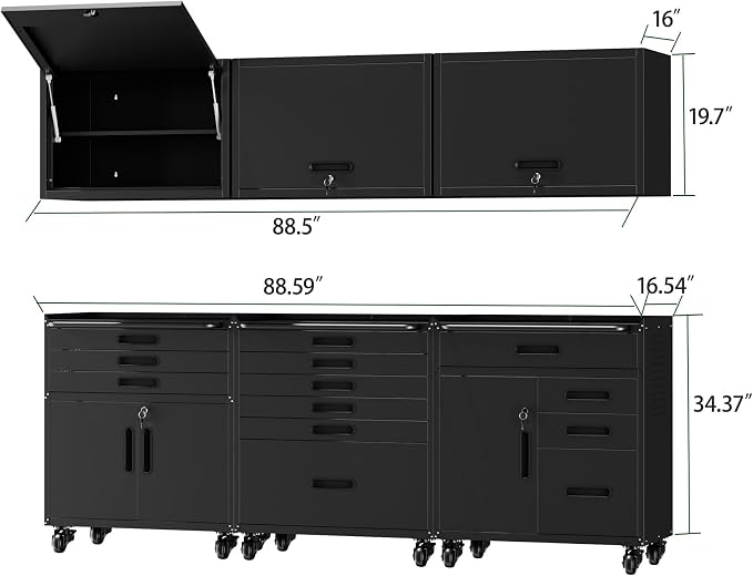 Garage Storage Cabinet System,Wall Cabinet & Locking Rolling Tool Cabinet with Doors and Adjustable Shelves