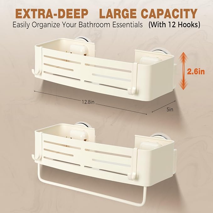 Lekesky Suction Cup Shower Caddy, No Drill Shower Shelves with a Towel Bar, Aluminum Rust Proof Bathroom Shower Organizer with 12 Hooks（2-Pack, Cream）