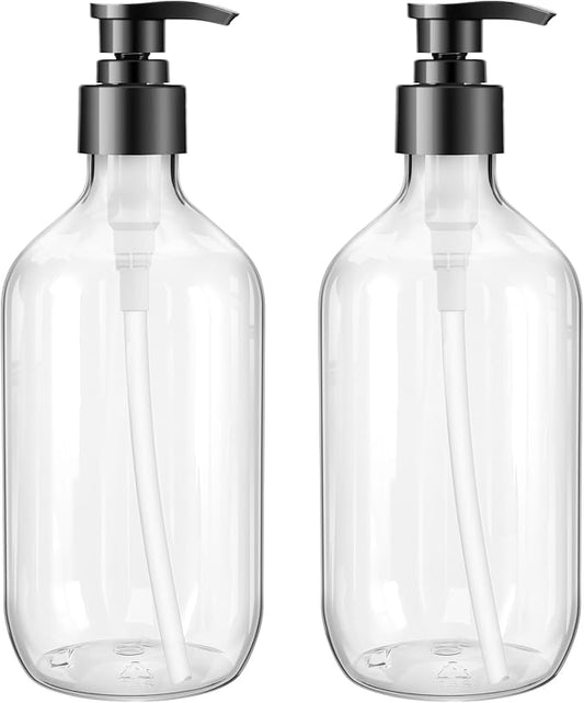 Teyssor Pump Bottle Dispenser Clear 2 Pack 500ml/16.9oz Empty Plastic Liquid Soap Dispensers, BPA-Free Refillable Container for Essential Oil Shampoo Lotion