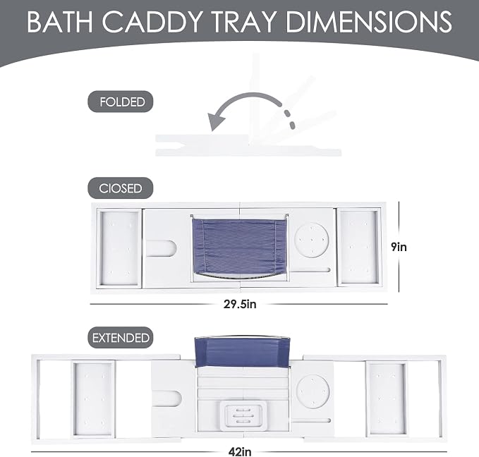 Foldable Bathtub Tray Caddy with Soap Dish Adjustable 29.5-43''White | Bamboo Bath Table Trays with Non-slip Pads, Wine Glass Holder, Adjustable Tablet Book Stand, Spa Bath Essentials Organizer