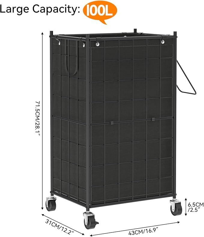 WOWLIVE Rolling Laundry Basket, Metal Wire Frame Laundry Hamper with Wheels | Hamper with Removable Bag, 100L Dirty Clothes Hamper Organizer Dorm Room Storage for Bedroom, Bathroom, Black