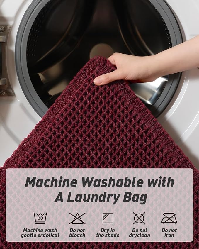 AMOAMI Upgraded Waffle Bath Mat, Super Absorbent Non Slip Bath Mats for Bathroom Floor, Washable Bathroom Rugs with Tassels, Rubber Backed Bathroom Mats, Ultra Soft, 20" x 32", Burgundy