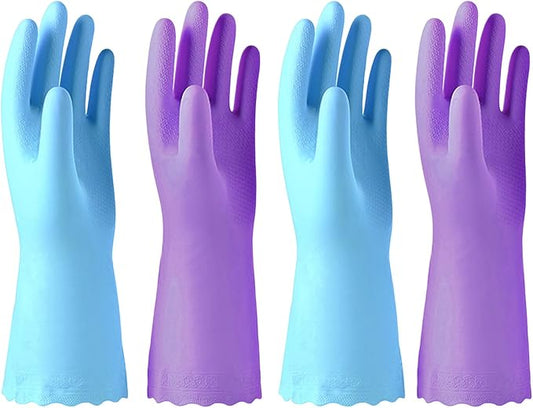 Alimat PluS Kitchen Gloves Latex Free, Cotton Flock Liner, 4 Pairs, Medium | Reusable Dishwashing Gloves with Non Slip Embossed Texture, Waterproof Cleaning Gloves for Laundry, Gardening