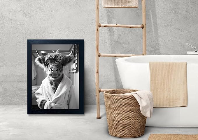 Framed Highland Cow Brushing Teeth Wall Art, Black and White Bathroom Wall Decor, Funny Cow Pictures Guest Bathroom Decor