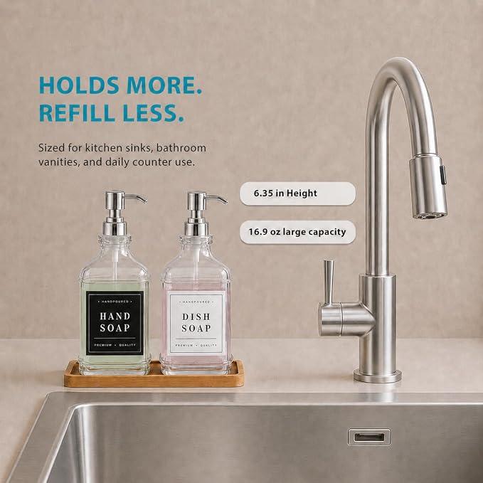 Kitchen Glass Soap Dispenser Set with Tray 2 with Silver Rust Proof Pump | 16.9oz Refillable Soap Dispenser for Hand, Dish with Waterproof Labels Residue Free, Luxury Decor for Bathroom Vanity, Clear