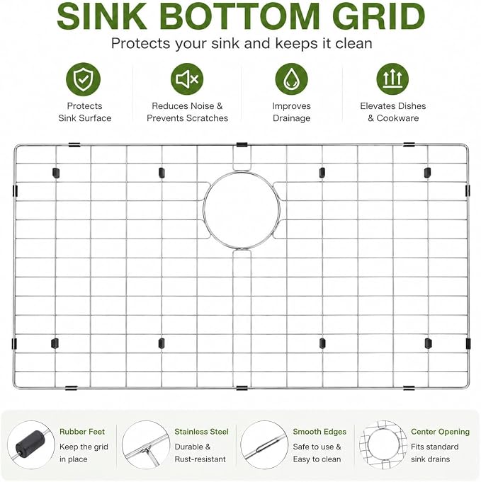 Kitchen Sink Grid and Sink Protectors, 31 1/2"x16 15/16" Sink Grid | Stainless Steel Sink Grids for Bottom of Kitchen Sinks, 31 1/2"x16 15/16" with Rear Drain for Single Bowl Sinks