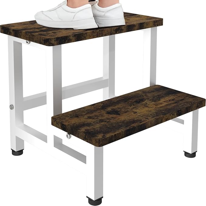 Wooden 2 Step Stool for Toddlers Kids and Adults, Heavy Duty Stepping Stools with 500 LB Load Capacity, Foot Step Stool for Bed, Living Room, Bathroom, Kitchen - Rustic Brown & White