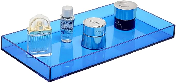 ROYALITA Acrylic Tray for Countertop, Guest Towel Holder Tray for Bathroom | Vanity Trays for Napkin Perfume Jewelry Makeup, Bathroom Tray for Soap Dispenser, Aromatherapy, Cup & Candle, Blue