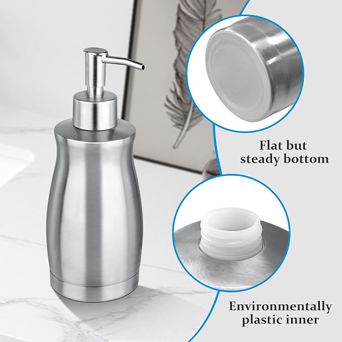 Soap Dispenser Stainless Steel - Brushed Nickel Pump Dispenser Bottle Refillable Liquid Hand Dish Soap Dispenser for Bathroom, Kitchen, Countertop, Silver (13.5 Oz / 400ML)