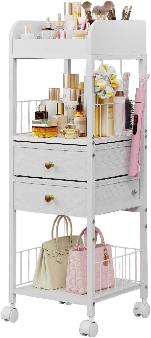 Makeup Organizer Cart with Drawers & 8 Dividers, Rolling Beauty Cart with Hooks for Cosmetics & Skincare, Space Saving Vanity Storage for Bathroom, Bedroom & Small Spaces (White)