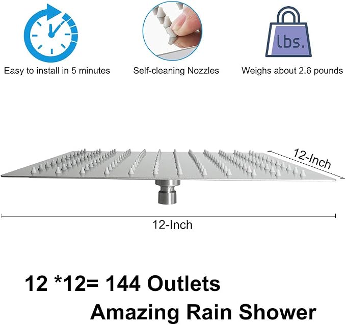 NearMoon Rain Shower Head, High Flow Stainless Steel Square Rainfall Shower, Waterfall Bath Shower Body Covering, Ceiling or Wall Mount (12 Inch, Brushed Nickel)