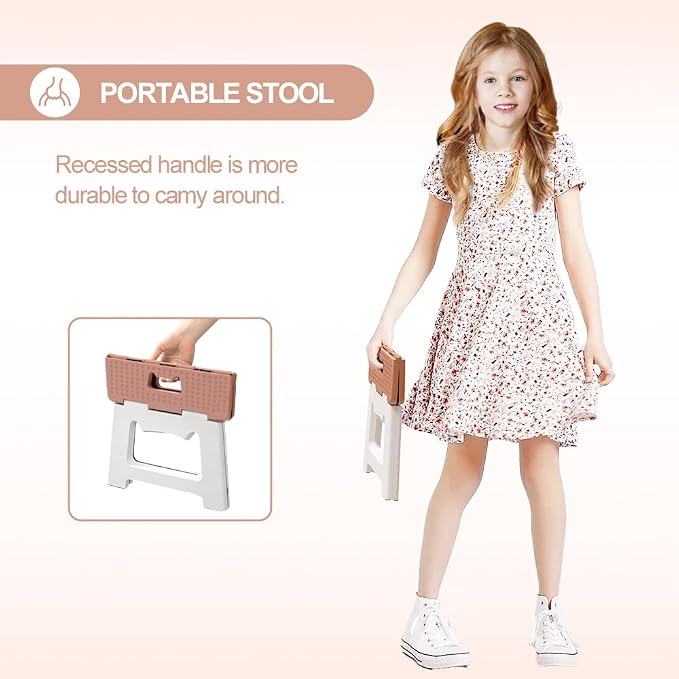 9'' Folding Step Stools for Kids & Adults, Hold Up to 300 Lbs Khaki | Portable Foldable Step Stool for Toddlers, Plastic Small Collapsible Stepping Stools with Handle for Kitchen Bathroom