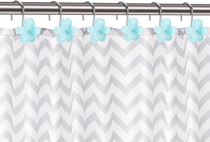 Flower Themed Shower Curtain Hooks, Glow in The Dark Bathroom Decor for Kids, Unique & Simple Look Decorative Shower Curtain Hangers, Cool Blue