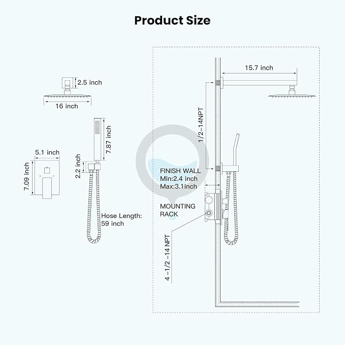 gotonovo Shower Faucet Set with Handheld Spray Oil Rubbed Bronze,16'' Head | SUS304 Rainfall Shower Head and Handle Set System Fixture,Pressure Balance Valve Trim Kit,Single Handle,Wall Mount,All Metal