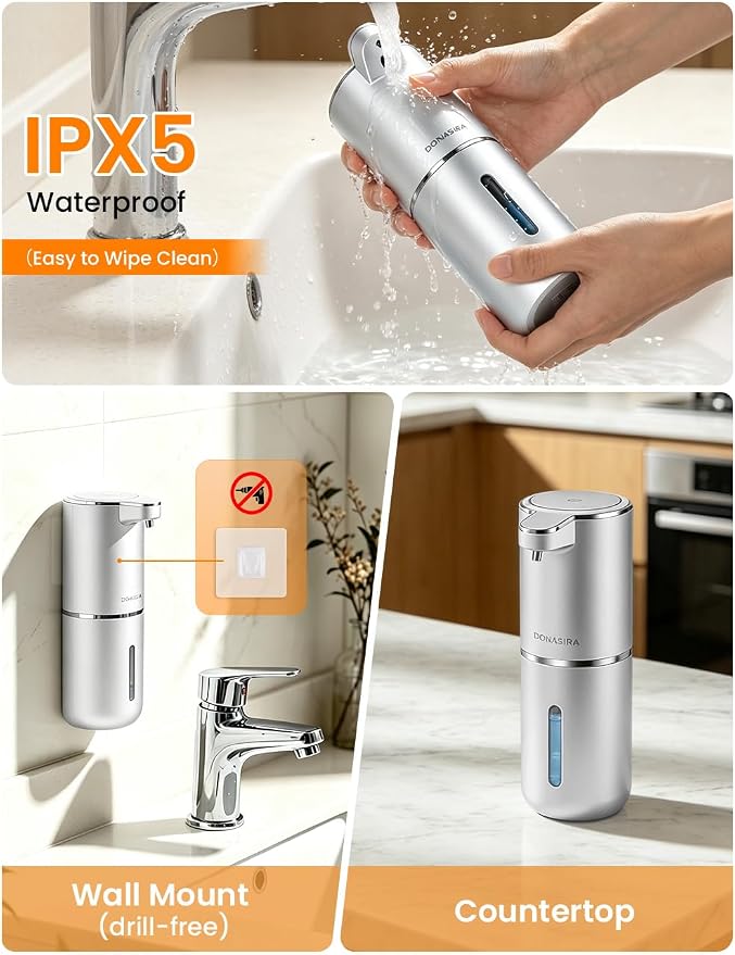 Automatic Soap Dispenser Touchless, Hands-Free, USB Rechargeable Dish Hand Soap Dispenser, 4 Adjustable Volume, Clog-Free for Bathroom Kitchen, Soap Waste Reduction, Easy for Toddlers, Silver