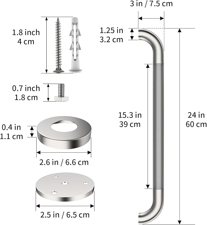 ZUEXT 24 Inch Brushed Nickel Anti Slip Shower Grab Bar with Knurled Grip | Stainless Steel Bathroom Safety Handle, Heavy Duty Wall Mounted, Balance Support Rail for Seniors Disabled, 1.25" Diameter