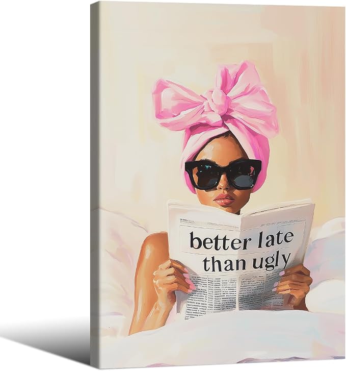 Better Late Than Ugly Canvas Wall Art Feminist Newspaper Quotes Poster Trendy Preppy Girly Aesthetic Prints 24X36 inch Framed for Bathroom Home Bedroom Wall Decor