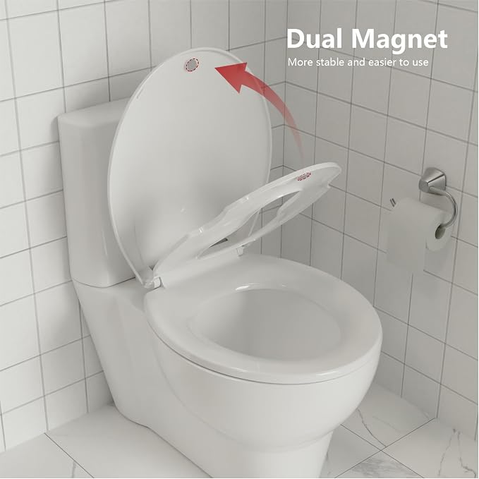 17" Round Potty Training Toilet Seat, White Seat with Built-In Toddler Function, Stable No-Wiggle Design for Both Child and Adult, Easy Install with Detachable Seat