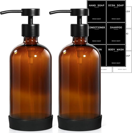 RYTOXILO Hand Soap Dispenser Bathroom 2 Pack, Amber Glass Soap Dispenser with Stainless Steel Pump, 16.9 Fl oz Hand and Dish Soap Dispensers Set for Kitchen, Modern Brown Soap Lotion Dispensers Bottle
